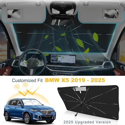 Windshield Sun Shade Umbrella for BMW X5 2019-2026 G05 Accessories, Upgraded 360° Bendable Handle to Protect Screen, Foldable Car Window Sunshade with Mirror Cutout, 10-Rib Heat Insulation - size: For BMW X5 2019+