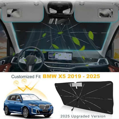Windshield Sun Shade Umbrella for BMW X5 2019-2026 G05 Accessories, Upgraded 360° Bendable Handle to Protect Screen, Foldable Car Window Sunshade with Mirror Cutout, 10-Rib Heat Insulation - size: For BMW X5 2019+