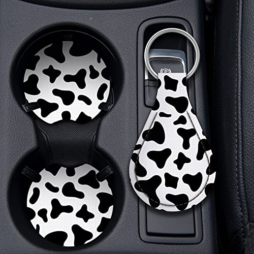 Zadin 4 Pieces Cow Print Steering Wheel Cover Set with 2PCS Car Cup Coasters & Quarter Keyring, Universal 14.5-15 inches, Fashion Non-Slip Cow Print Steering Wheel Cover - color: Cow Print