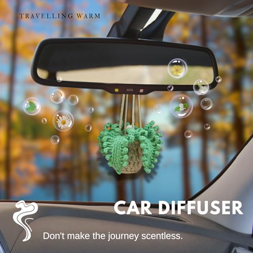 ROFIGL Handmade Crochet Hanging Car Air Freshener - Botanical Fern Leaf Design with 12ml Refillable Glass Essential Oil Bottle, Long-Lasting Car Diffuser & Nature-Inspired Decor - style: Fern