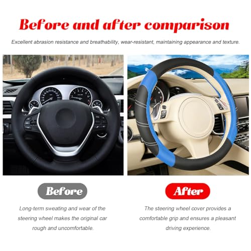 4PCS Car Accessories Set, 14.5-15" Sporty Microfiber Leather Steering Wheel Cover with Anti-Slip Lining, Center Console Cover, Seat Belt Cushion, Universal Fit (Black/Blue)