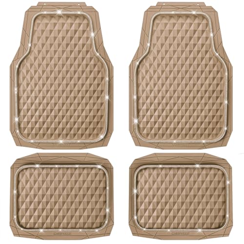 CAR PASS Bling Diamond Rubber Car Mats, Heavy Duty Deep Dish All-Weather Floor Mat Full Set Anti-Slip 3D Rhombus Waterproof Trim Fit Liner Universal Glitter Sparkly Shining Rhinestone, Beige Rubber - color: Beige Diamond