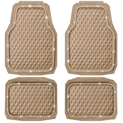 CAR PASS Bling Diamond Rubber Car Mats, Heavy Duty Deep Dish All-Weather Floor Mat Full Set Anti-Slip 3D Rhombus Waterproof Trim Fit Liner Universal Glitter Sparkly Shining Rhinestone, Beige Rubber - color: Beige Diamond