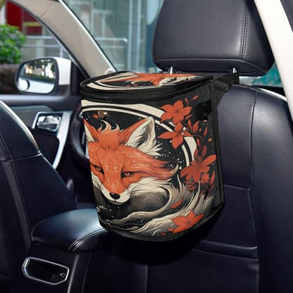 MNSRUU Car Trash Can with Lid, Fox and Flowers Car Trash Bag Hanging Organizers and Storage for Front Back Seat, Leak-Proof Trash Bin - color: Fox I 3299