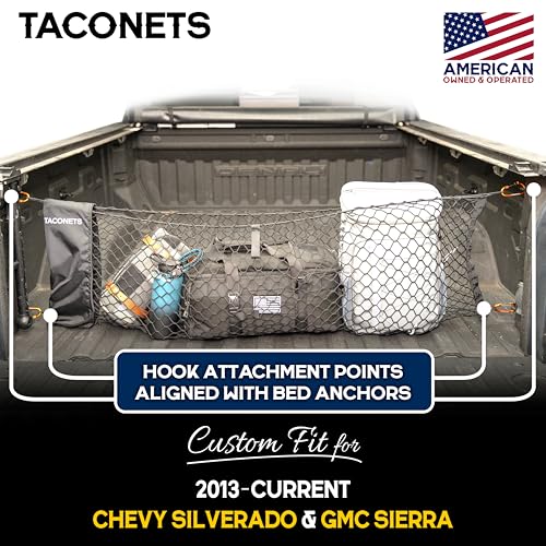 TacoNets Envelope Cargo Net for GMC Sierra & Chevy Silverado - Fits 2013-Current - Upgraded 5mm Bungee - Integrated Storage Bag - Heavy Duty Carabiners - Designed in USA - style: Chevy Silverado / GMC Sierra 2013+