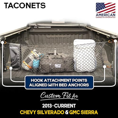 TacoNets Envelope Cargo Net for GMC Sierra & Chevy Silverado - Fits 2013-Current - Upgraded 5mm Bungee - Integrated Storage Bag - Heavy Duty Carabiners - Designed in USA - style: Chevy Silverado / GMC Sierra 2013+