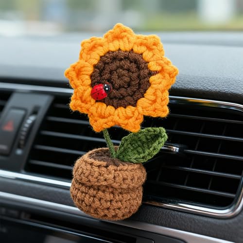 Crochet Sunflower Car Vent Clip, Cute Handmade Knitted Flowers Potted Cars Vent Clips, Automotive Interior Decoration for Women Girl (Sunflower, Yellow)