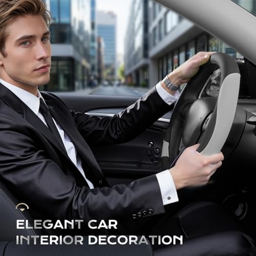 Coverado Car Steering Wheel Cover, Nappa Leather Black & Gray Steering Wheel Covers, Universal 14-15 inch, Anti-Slip, Breathable Steering Wheel Protector for Women Men - color: B-BlackGray