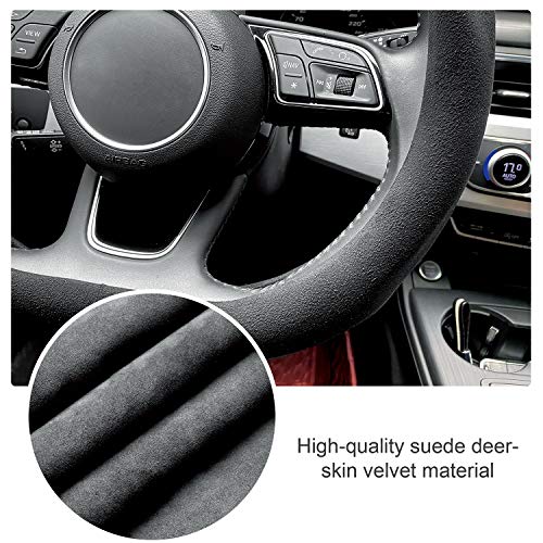 Suede Steering Wheel Cover ， Non-Slip Leather Car Interior Fitting 15-inch Universal（D-Shape,Black）