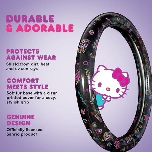 Hello Kitty Steering Wheel Cover, Official Sanrio Car Steering Wheel Cover with Universal Size 14.5-15, Cute Black Hello Kitty Car Accessories for Women (Hello Kitty Kawaii Arcade) - style: Hello Kitty Kawaii Arcade