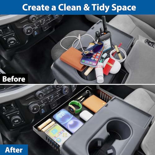 All Metal Front Center Seat Headrest Organizer Compatible with 2011-2025 2026 Ford F150 F250 F350 F450 F550 F650, Center Console Container Storage Box Armrest Tray Accessories (Jump Seat Only) - style: Organizer