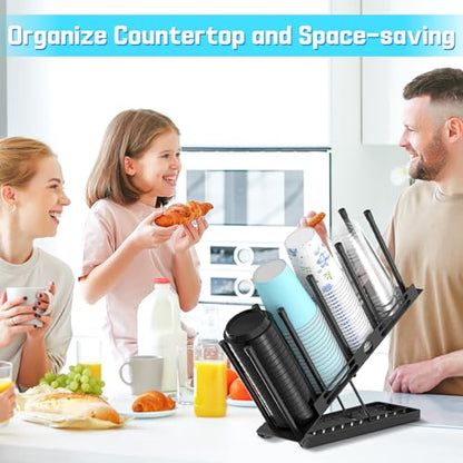 Adjustable Coffee Cup and Lid Holder,4 Compartment Metal Countertop Disposable Cup Dispenser Organizer for Coffee Bar Station Home Office Breakroom(Black)