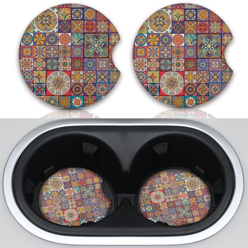 Boho Absorbent Neoprene Car Coasters, 2.75inch Mandala Style, 2 Pack Universal with Finger Slot