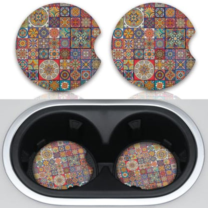 Boho Absorbent Neoprene Car Coasters, 2.75inch Mandala Style, 2 Pack Universal with Finger Slot