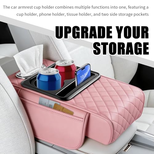 5-in-1 Car Center Console Cover,Leather Car Armrest Cover with Cup Holder/Storage Pocket/Phone Holder/Cars Tissue Holders,Thickened Cars Armrest Storage Box for Relieving Elbow Fatigue (Pink) - color: Pink
