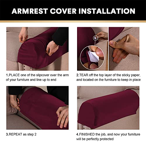 2 Pack Thick Velvet Stretch Armrest Covers for Chairs and Sofas - Non Slip Armchair Protectors, Burgundy - color: Burgundy