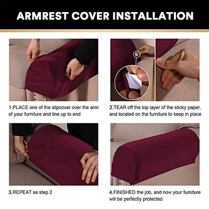 2 Pack Thick Velvet Stretch Armrest Covers for Chairs and Sofas - Non Slip Armchair Protectors, Burgundy - color: Burgundy