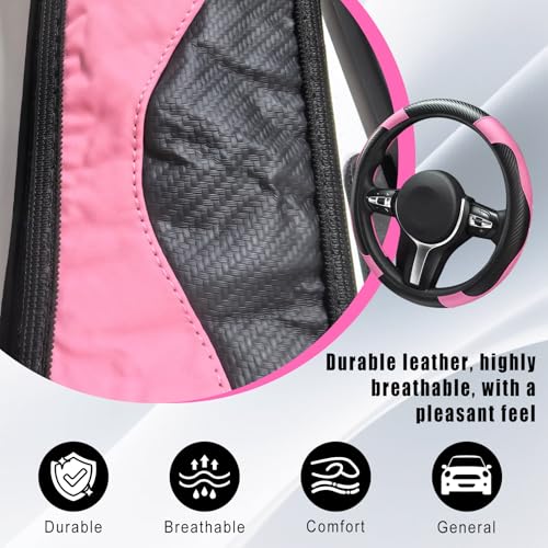 Leather Car Steering Wheel Cover, 15 Inch Anti-Slip Carbon Fiber Black Steering Wheel Cover, Universal Car Interior Accessories for Trucks Sedans SUVs (Black & Pink) - color: Black & Pink