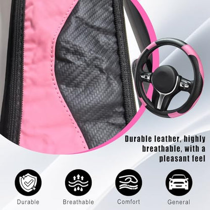 Leather Car Steering Wheel Cover, 15 Inch Anti-Slip Carbon Fiber Black Steering Wheel Cover, Universal Car Interior Accessories for Trucks Sedans SUVs (Black & Pink) - color: Black & Pink