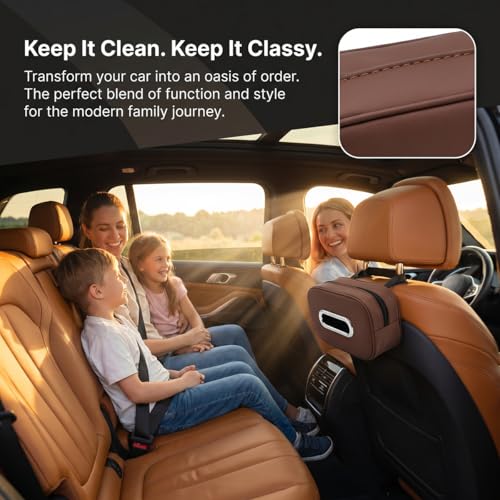 Compact Car Tissue Holder – Premium PU Leather Tissue Box, Fits 100 Sheets, Black Car Storage Organizer for Seat/Headrest/Center Console/Visor (Brown) - color: Brown