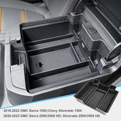 Center Console Organizer Compatible with 2019-2022 Chevy Silverado/Sierra 1500 and 2020-2023 Silverado/Sierra 2500HD 3500HD Accessories Armrest Full Size Tray,Full Console w/Bucket Seats ONLY,Black