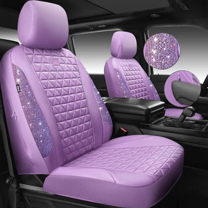 CAR PASS Light Purple Bling Diamond Leather Car Seat Covers Full Sets, Waterproof Shining Glitter Sparkly Crystal Universal Armrest Fit for Automotive Truck SUV Cute Women Girl,Lavender Rhinestone - color: Purple Rhinestone Lavender, size: Full Set