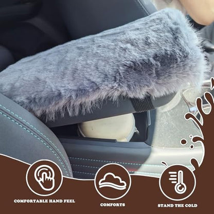 YUNXNYC Fluffy Car Armrest Cover, Plush Faux Wool Console Cover Pad Cushion, Universal Soft Fuzzy Middle Arm Rest Protector for Cars (Gray)