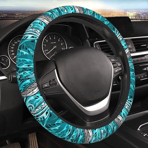 Hawaiian Teal Ocean Tribal Car Steering Wheel Cover for Women Men Stretch Cloth Anti-Slip Wrap Protector Case Fit Universal Auto Accessories Decor Sweat Absorption 14-15 Inch - color: Hawaiian Teal Ocean Tribal Print