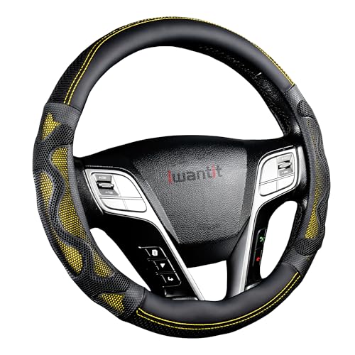 Iwantit® Steering Wheel Cover with 3D Honeycomb Anti-Slip Design and Breathable Fabrics and Pu Leather, Universal 14.5-15 Inch (Yellow/Black) - color: 004-Yellow/Black