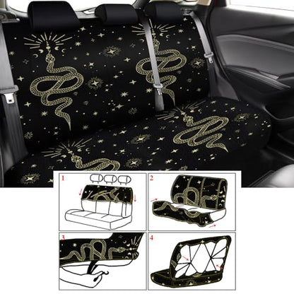 15 Pcs Boho Celestial Snake Seat Covers Full Set Thick Car Front and Back Steering Wheel Cover Seatbelt Strap Armrest Pads Cup Mat Wrist Strap Key Chains for Auto Truck - style: Snake