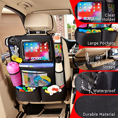 Backseat Car Organizer, Kick Mats Back Seat Protector with Touch Screen Tablet Holder, Back Seat Organizer for Kids with 9 Storage Pockets, Travel Accessories (2 Pack, Ocean Blue)