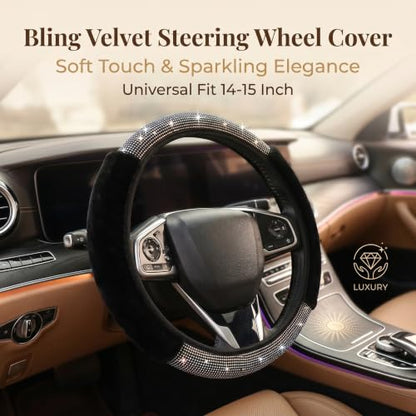 Bling Fluffy Steering Wheel Cover for Women Girls, Rhinestone Diamond Sparkling Fur Steering Wheel Protector Elastic Steering Wheel Covers Winter Warm Universal Fit 14-15 inches -Black - color: Black02