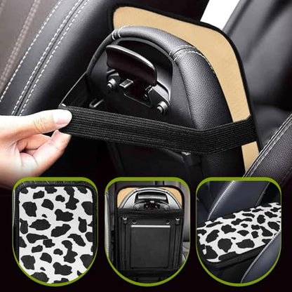 SuperKaKa Car Cow Print Armrest Cover-Cute Center Console Mat Cars Interior Accessories for Women Men,Protection Pad Fit Most Auto,Vehicle, SUV, Truck Arm Rest Box (Cow, Black)