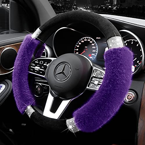 Achiou Rhinestone Fluffy Steering Wheel Cover - Comfortable Non-Slip Luxury Faux Wool, Universal Fit for 14.5" to 15" Steering Wheels - color: Black and Purple