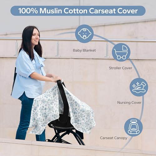 SERAPHY 100% Muslin Cotton Car Seat Covers for Babies - Universal, Breathable Canopies for Boys and Girls - Soft Summer Car Seat Cover - Blue Flowers - color: Blue Flowers