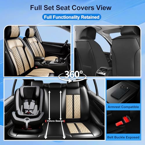 Fit Land Rover Range Rover Sport Car Seat Covers (Front Pair) for Land Rover Range Rover Sport 2005-2026, Full Coverage Leather, Waterproof, All Weather Breathable Seat Protector, Black+Beige