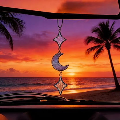 Stained Glass Moon Car Decor Charm Star Rear View Mirror Accessories Perfect Witchy Gift for Man Woman Spiritual Souls and Lunar Lovers