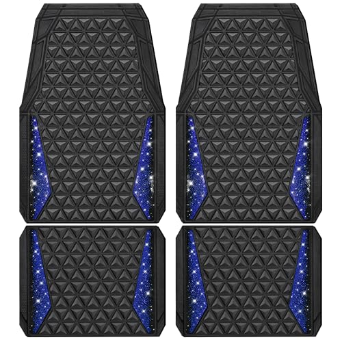 CAR PASS Bling Diamond Car Mats Rubber Floor Mats Full Set Anti-Slip 3D Rhombus Waterproof Trim to Fit Liner Universal Glitter Crystal Sparkly Shining Rhinestone Girl Women SUV Sedan Van, Black Blue - color: Blue Diamond