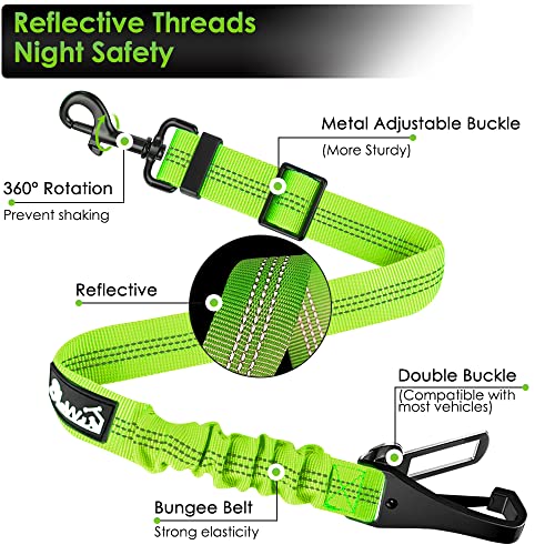 SlowTon Dog Seat Belt, Adjustable Dog Safety Belt Leash, 2 in 1 Latch Bar Attachment Dog Car Seatbelt with Elastic Nylon Bungee Buffer, Reflective Nylon Belt Tether (Lime) - color: Lime