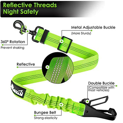 SlowTon Dog Seat Belt, Adjustable Dog Safety Belt Leash, 2 in 1 Latch Bar Attachment Dog Car Seatbelt with Elastic Nylon Bungee Buffer, Reflective Nylon Belt Tether (Lime) - color: Lime