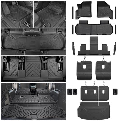 Floor Mats Full Set for 2024 2025 2026 Chevy Traverse & 2025 2026 Buick Enclave 7 Seats Captain Chairs, All Weather Cargo Trunk Liner, 2nd & 3rd Row Seat Back Cover, Door Sill Protector Accessories