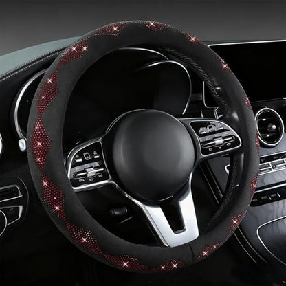 Bling Steering Wheel Cover for Women - Sparkly Crystal Rhinestones on Soft Plush with Checkered Design, Anti-Slip, Universal 15 Inch Car Wheel Protector, Cute Diamond Auto Accessories - color: red diamond +black