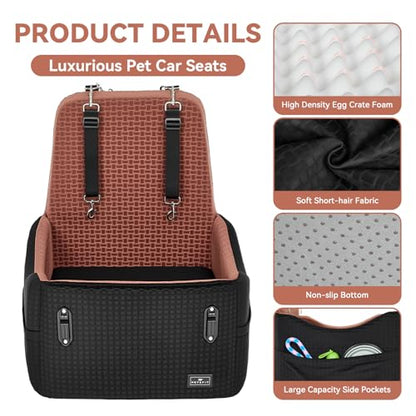PETSFIT Dog Car Seat for Small/Medium Dogs Up to 35 lbs – Patented Safety System, 5" Memory Foam Pet Booster Car Seat, Fully Detachable and Washable Dog Carseat with 2 Storage Pockets (Black/Brown) - color: Black/Brown
