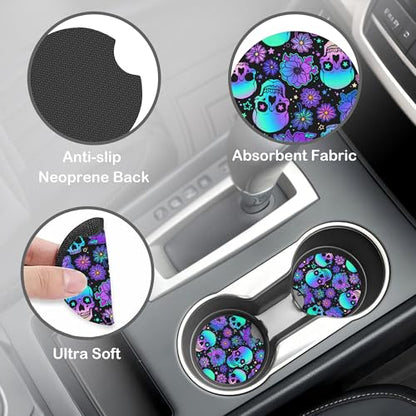 Neon Skull and Flower Steering Wheel Cover with 2 Pcs Car Coasters Neoprene Steering Wheel Cover for Women Men Anti-Slip Breathable Car Accessories Universal 15 Inch Fit Auto Cars Trucks - color: Neon Skull and Flower