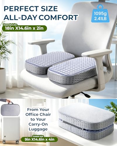 Premium Gel & Memory Foam Seat Cushion, Extra Large Cooling Portable Chair Pad for Long Sitting, Seat Cushion for Office Desk Chair, Car, Wheelchair, Airplane, Outdoor & Long Trips