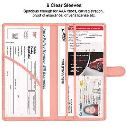 Car Registration and Insurance Holder, Leather Magnetic Shut Vehicle Glove Box Organizer for Document, Card, Driver License, Pink - color: Pink