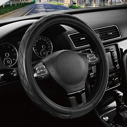 Road Comforts Leather Steering Wheel Cover – Black & Black, Universal Fit 14.5-15 Inch, Microfiber Leather, Anti-Slip & Breathable Design for Men and Women - color: Black