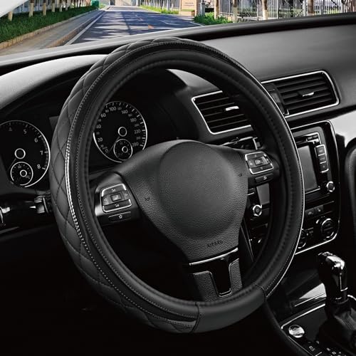 Road Comforts Leather Steering Wheel Cover – Black & Black, Universal Fit 14.5-15 Inch, Microfiber Leather, Anti-Slip & Breathable Design for Men and Women - color: Black