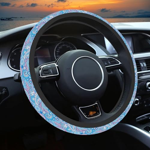 Blue Bohemian Pattern Steering Wheel Cover, Cute Print Steering Wheel Cover Protector, Ultra Thin Breathable Non-Slip, Car Accessories for Women, for Steering Wheel with a Diameter of 14.5"-15" - color: Blue Wave