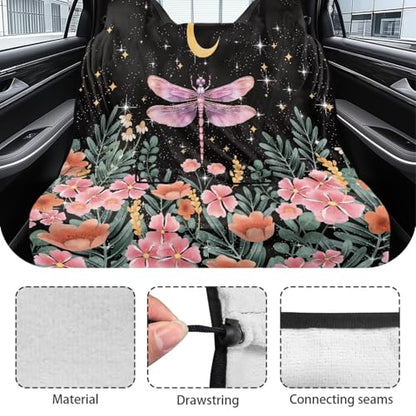 Dragonfly Moon Flower Print Waterproof Rear Split Bench Seat Covers for Rear Seat Cover Only, Sports Car Seat Covers, Spill Resistant Back Seat Cover for Gym Running Swimming - color: Dragonfly Moon Flower